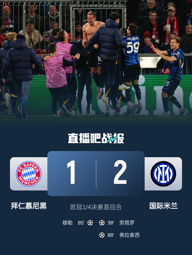 2-1占得先機(jī)！國(guó)米送給拜仁4年來(lái)歐冠主場(chǎng)首敗